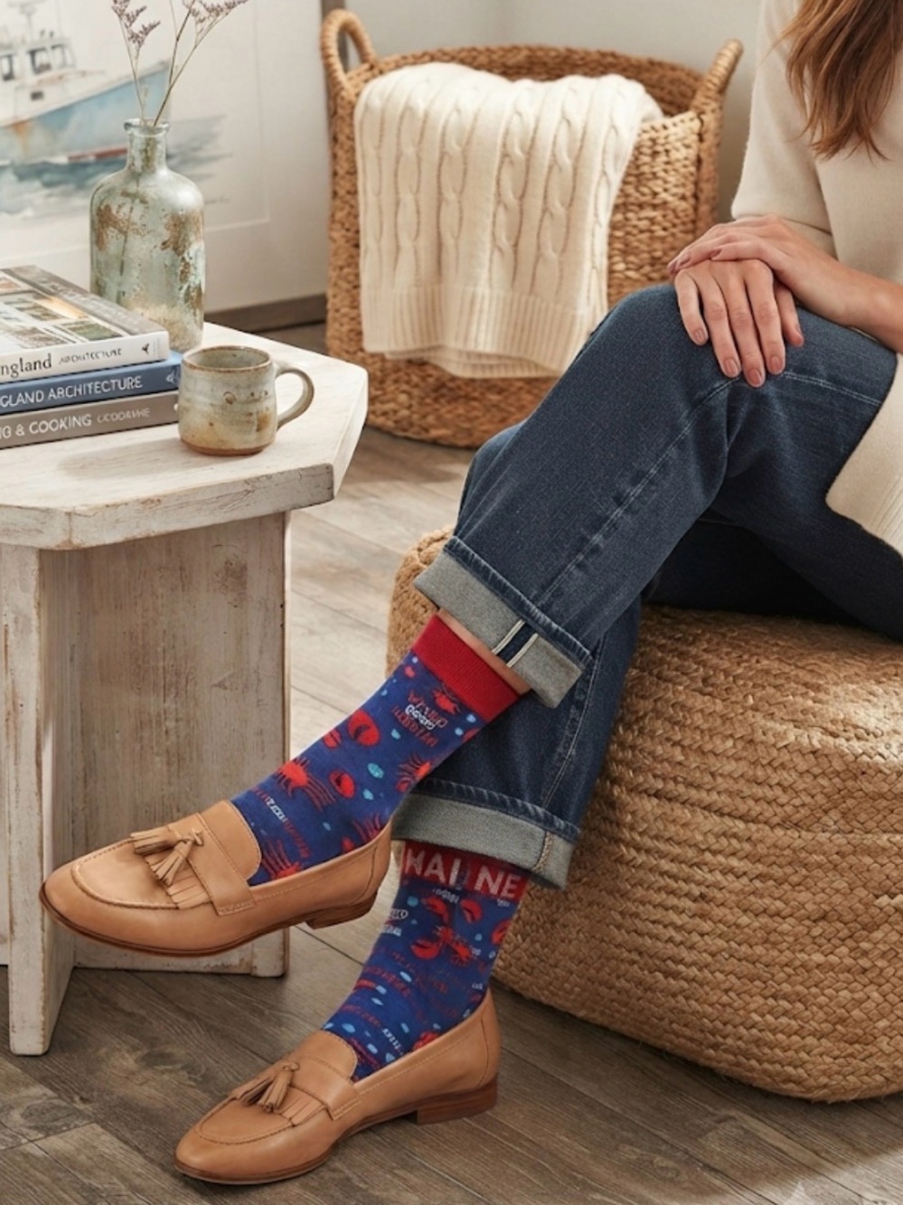 Maine Wicked Good Lobster Blue Red Novelty Crew Socks CoastalCore CoastalGrandma
